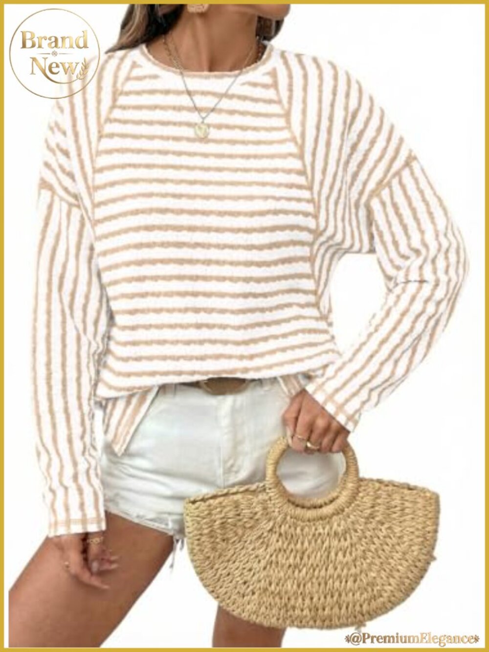 Oversized Striped Color Block Long Sleeve Crewneck Tee for Women